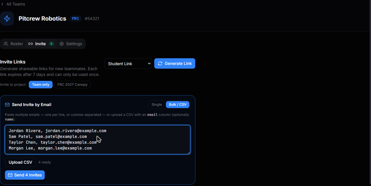 Bulk and CSV invite panel with four names and email addresses pasted in, ready to send