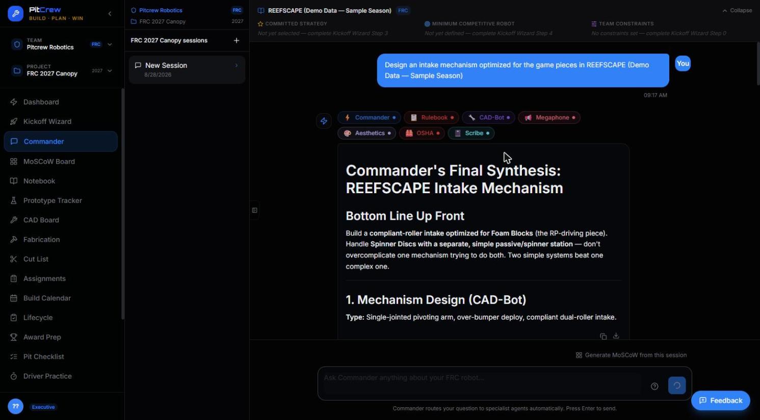 Commander's completed answer synthesizing input from six specialist agents into a mechanism design, spec table, and next steps