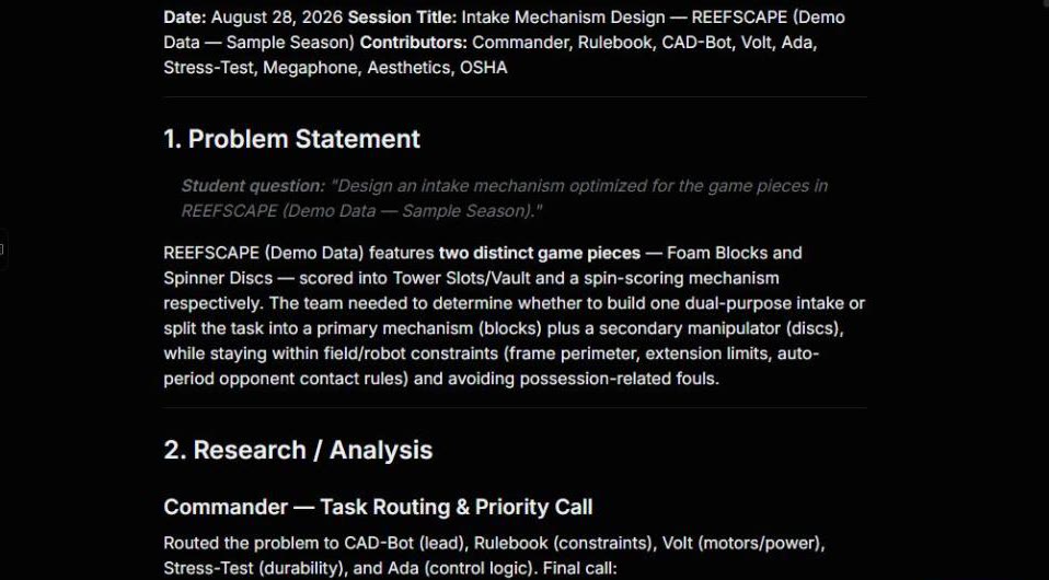 Notebook entry detail showing the Problem Statement and Research/Analysis sections with specialist agents consulted