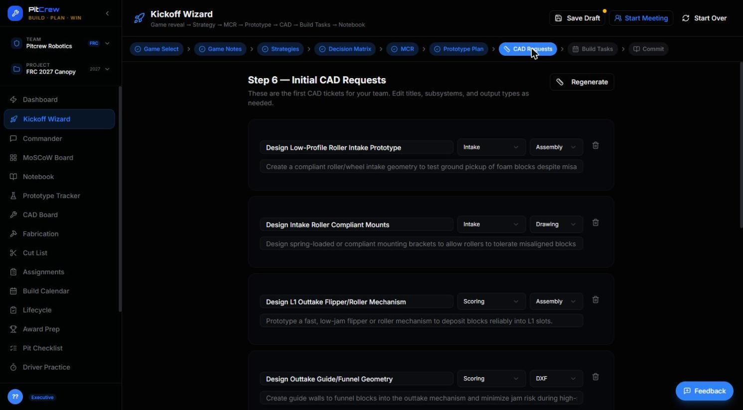 Kickoff Wizard Initial CAD Requests step with pre-filled tickets for subsystem parts, each with a subsystem and output type