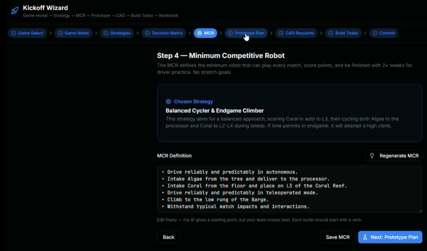 Kickoff Wizard MCR step showing the chosen strategy and a six-bullet Minimum Competitive Robot definition