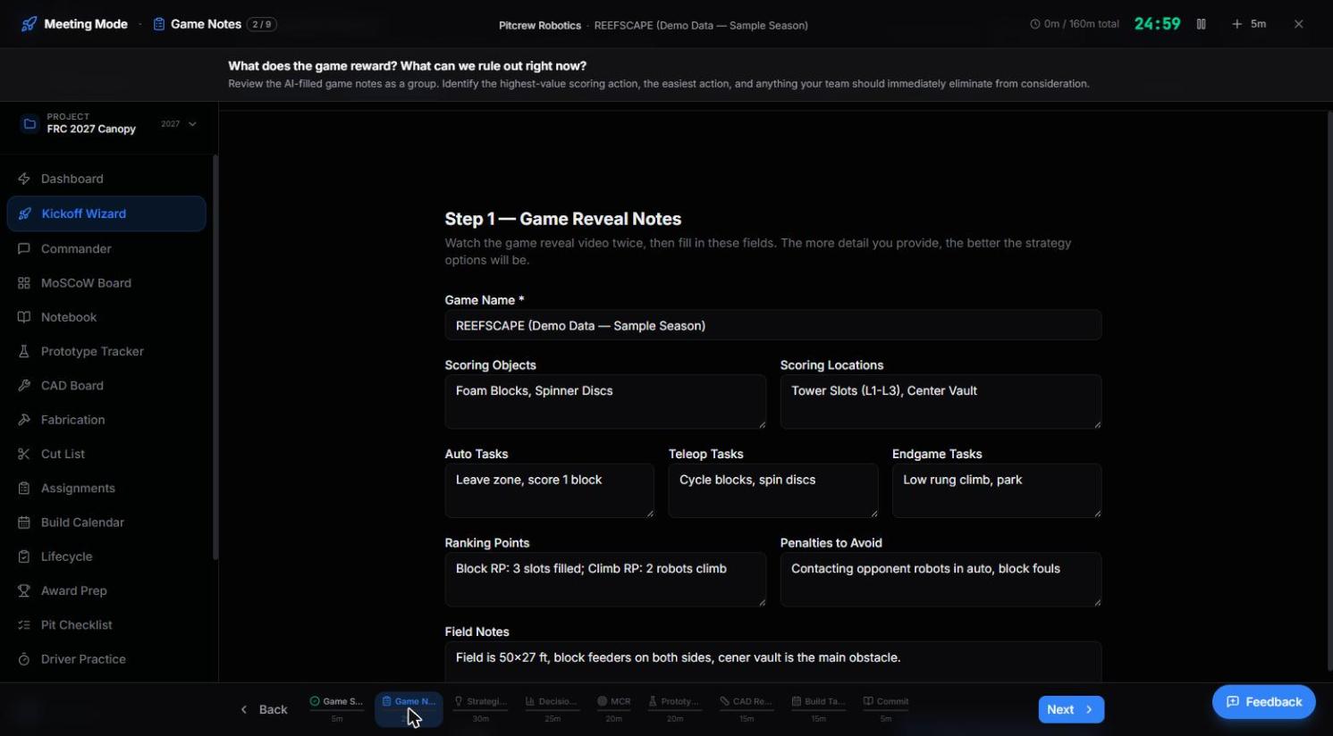 Kickoff Wizard Meeting Mode full-screen facilitation view with a countdown timer and per-step time budget bar