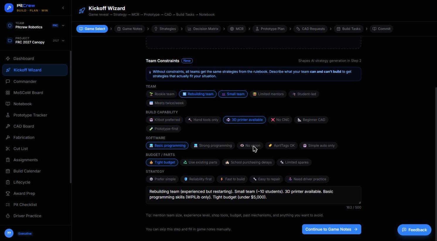 Kickoff Wizard Team Constraints step with team, build capability, software, and budget chips selected and an AI-written summary