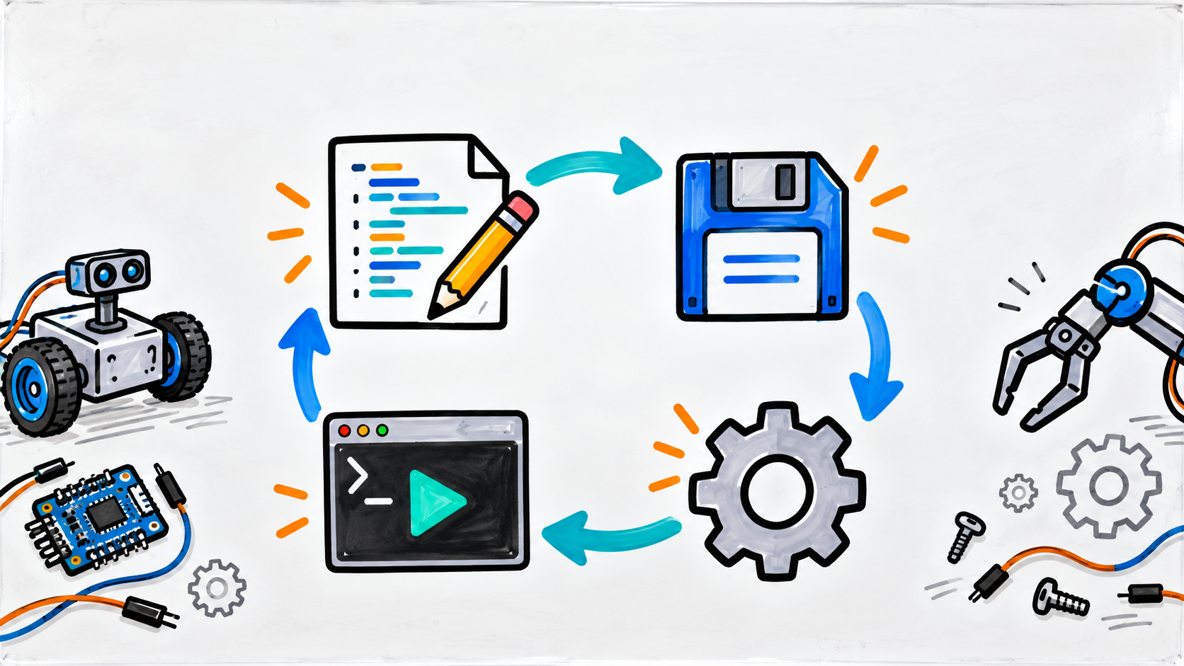 Whiteboard-style edit save compile run cycle