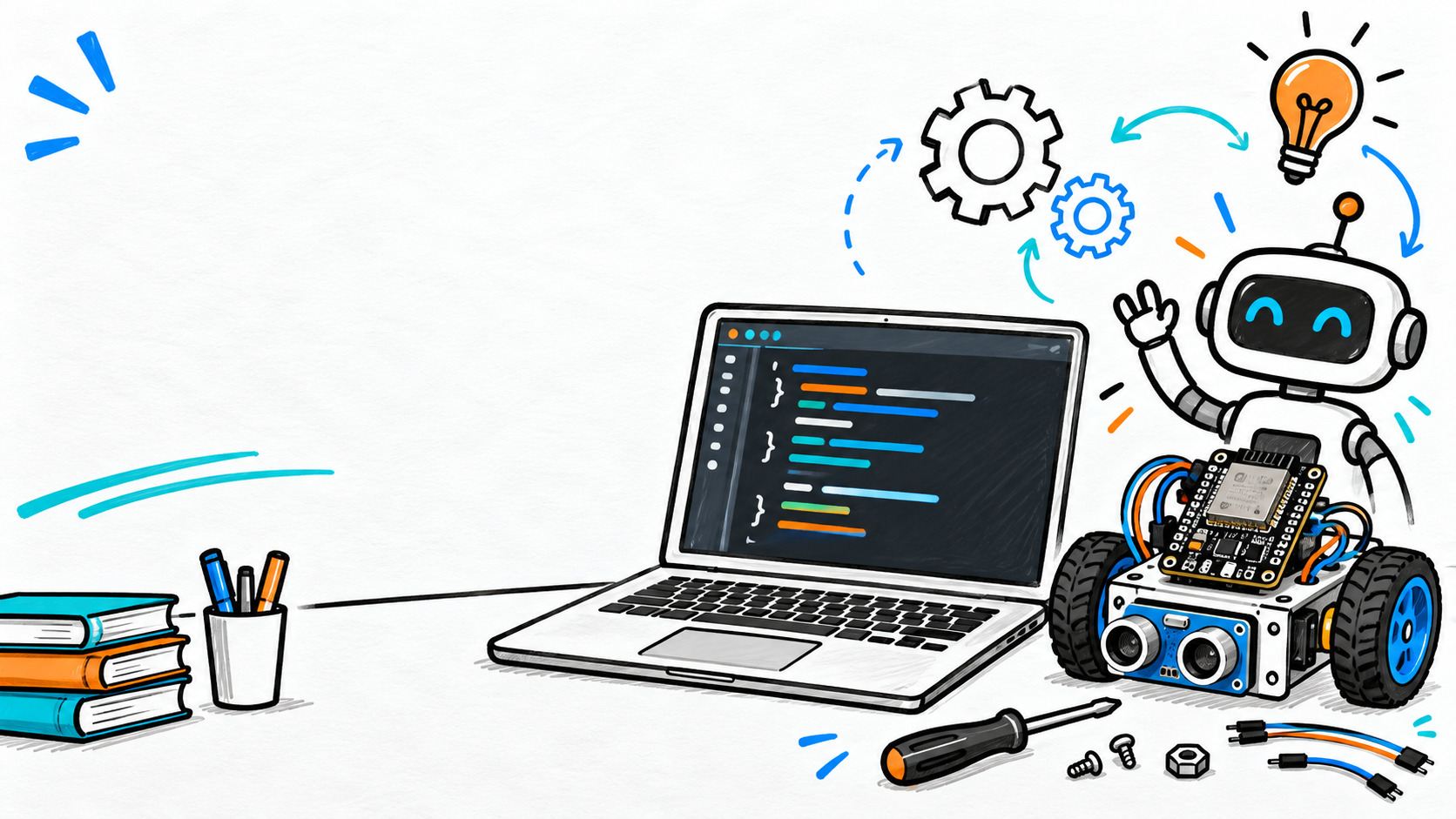 Whiteboard-style robotics C++ lesson artwork with a laptop and robot controller